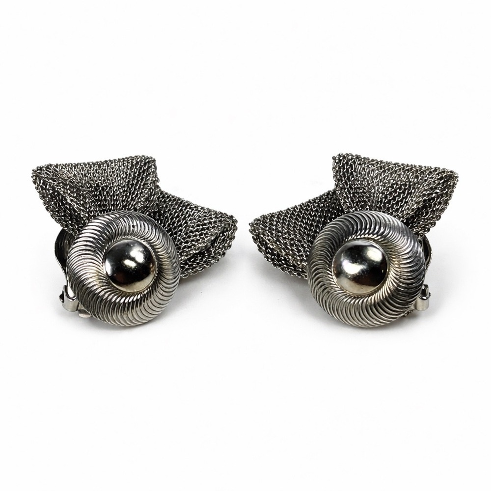 Vintage Silver Tone Mesh Bow Clip On Earrings Swirl Dome Statement Jewelry